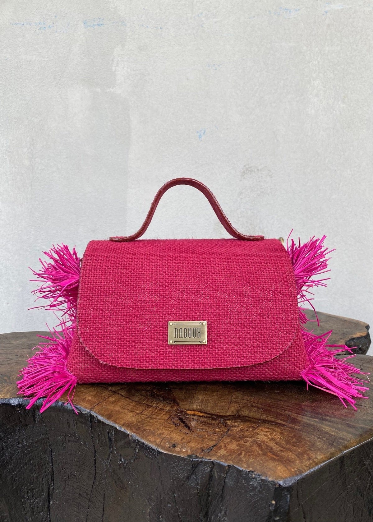 Mira XO Hot Pink Jute with Side Raffia - Dyed Adire - Leather - Bags - African Fashion by Aaboux