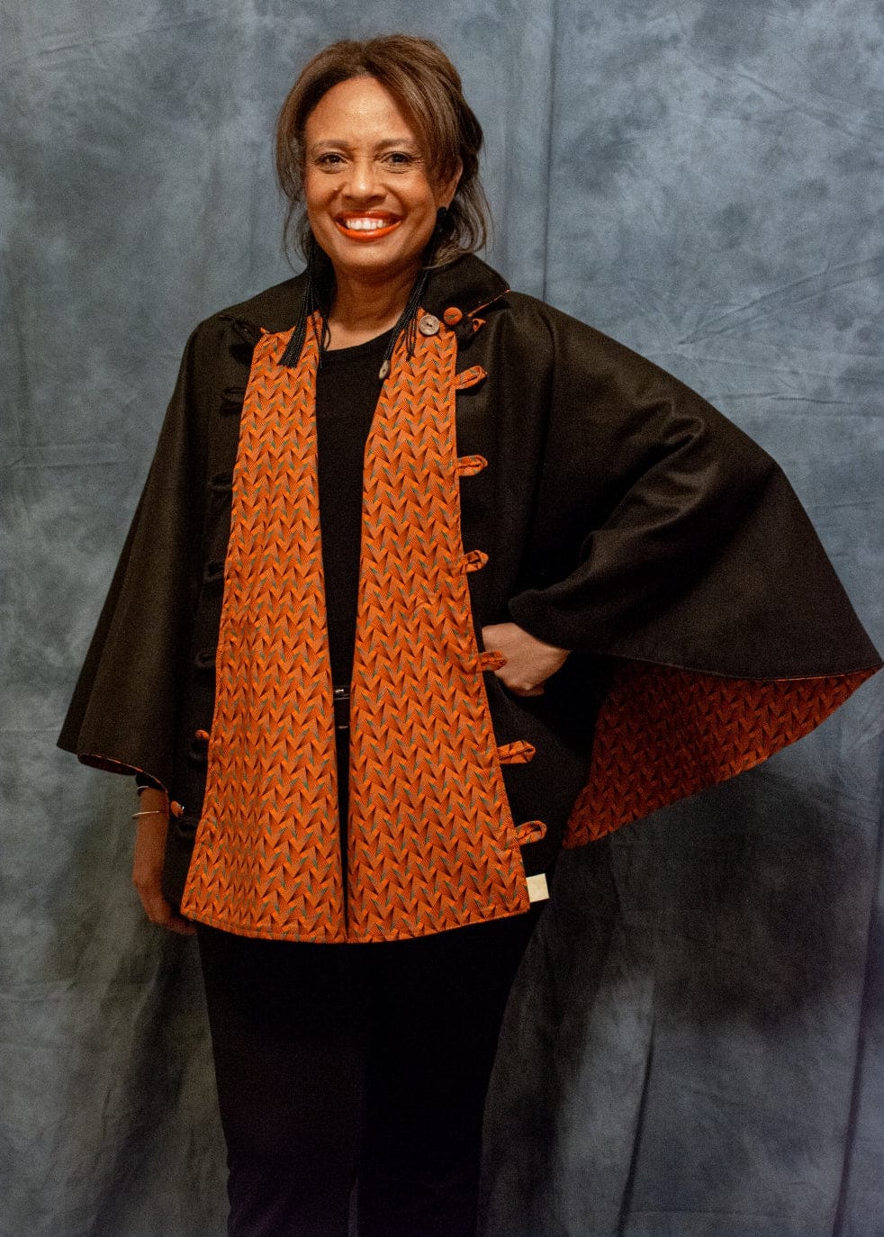 Reversible Khawa Cape - Black and Orange - Black, Orange - Wool - Coat - African Fashion by Bola Nangabe