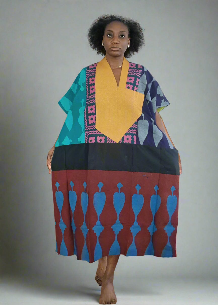 Dye Lab Bubu Multicolor / One size Dark Brown Midi Agbada with Gold Aso oke Collar