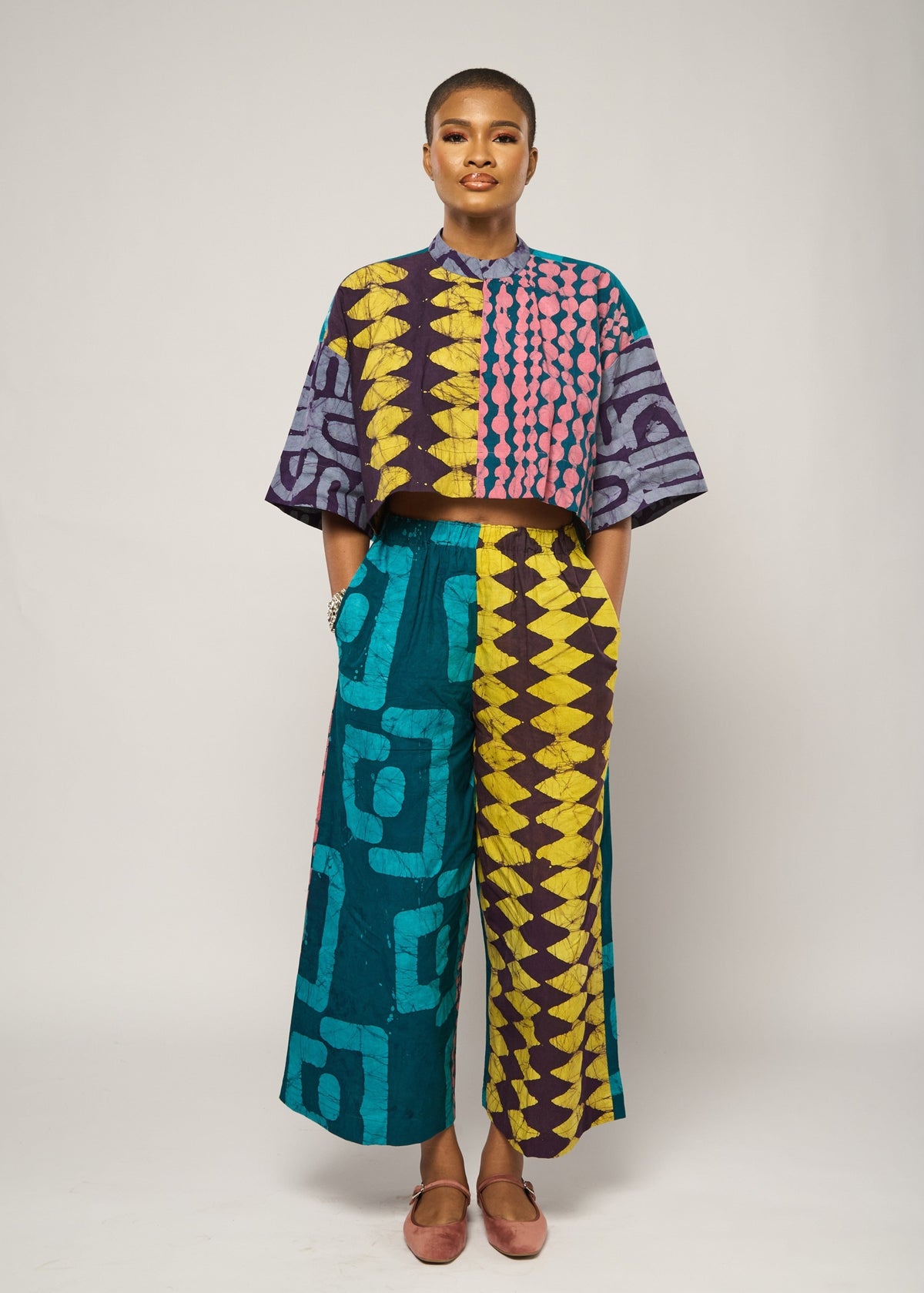 Yellow and Brown Zigzag Multicolour Wide Leg Culottes with Aso oke Back Pockets - Multicolor - Adire - Pants - African