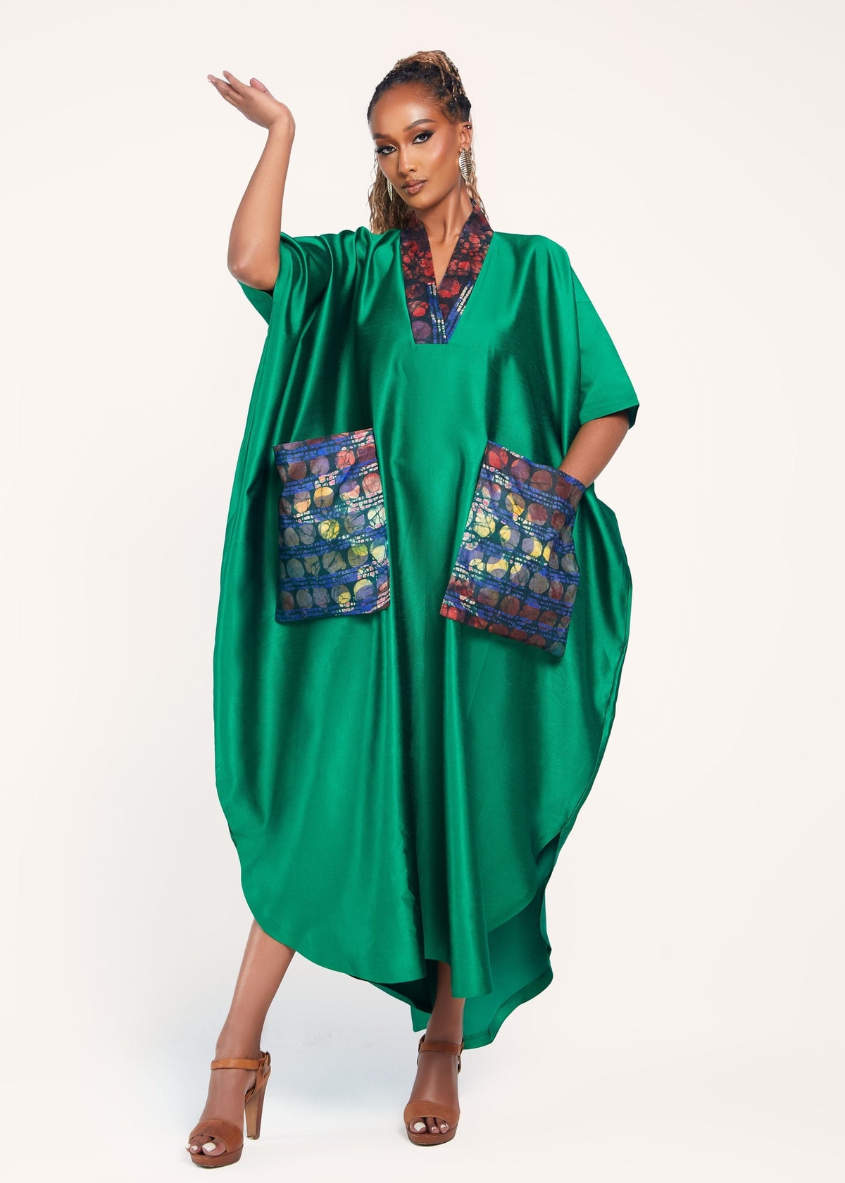 V-neck Irma Bubu with Oversized Adire Pockets - Green, Blue - African Fashion by Ehi Woman