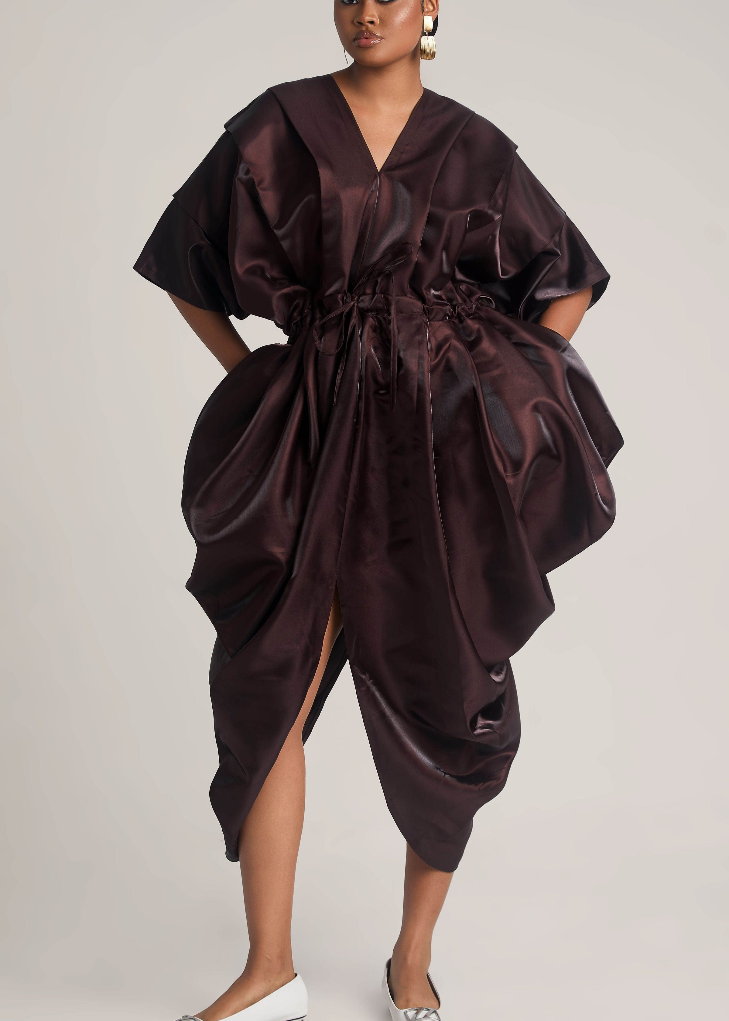 Ehi Woman Dress Brown / 8 Owambe Dolman Draped Tulip Dress