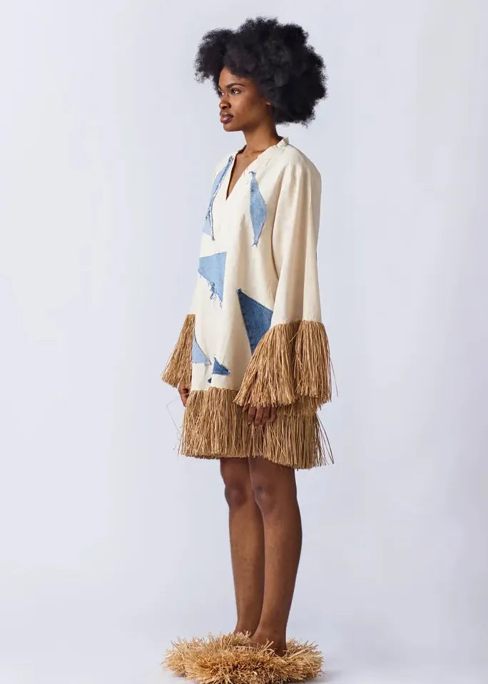 Eki Kere Dress Raffia Doll Patch Blue Jean