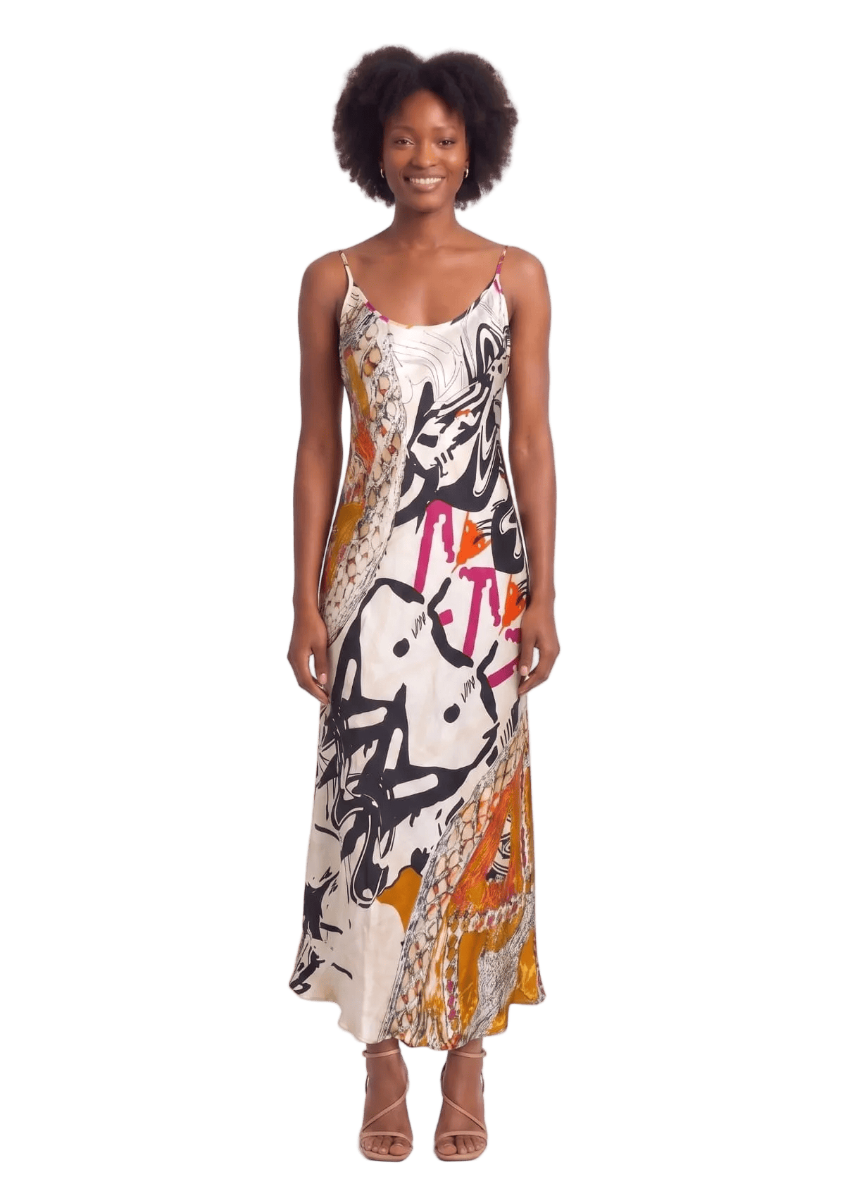 100% Silk Mulberry Slip Dress: African Motif Midi
