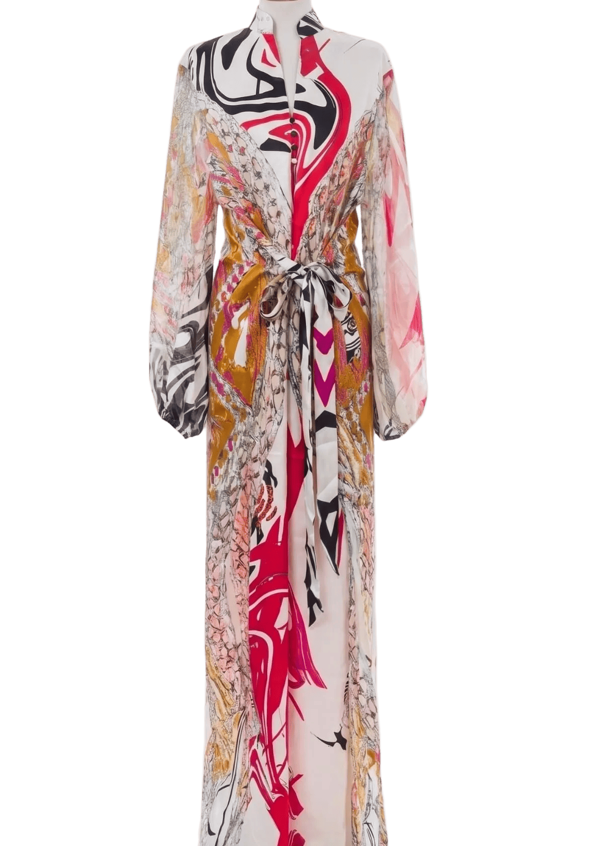 Eki Silk Dresses Red / 12 100% Mulberry Silk Wrap Tie Floor Length Dress: Heritage Print Maxi