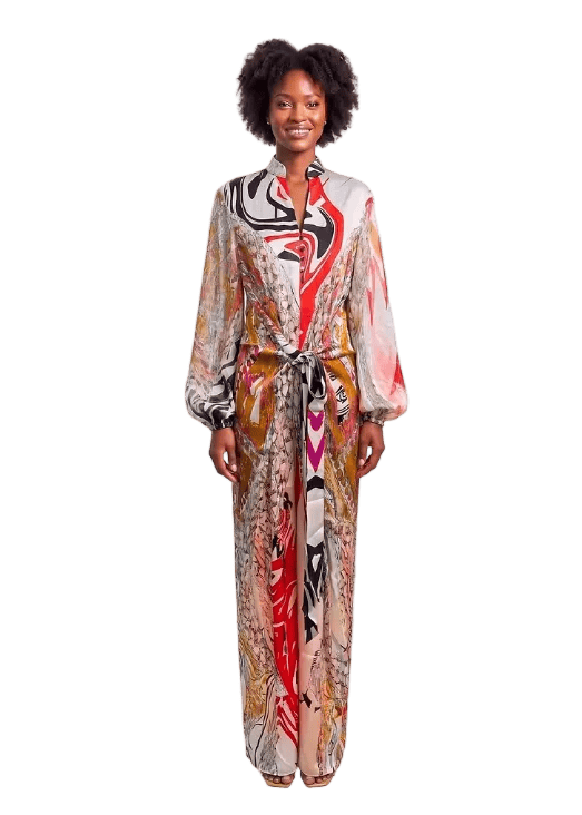 Eki Silk Dresses Red / 12 100% Mulberry Silk Wrap Tie Floor Length Dress: Heritage Print Maxi