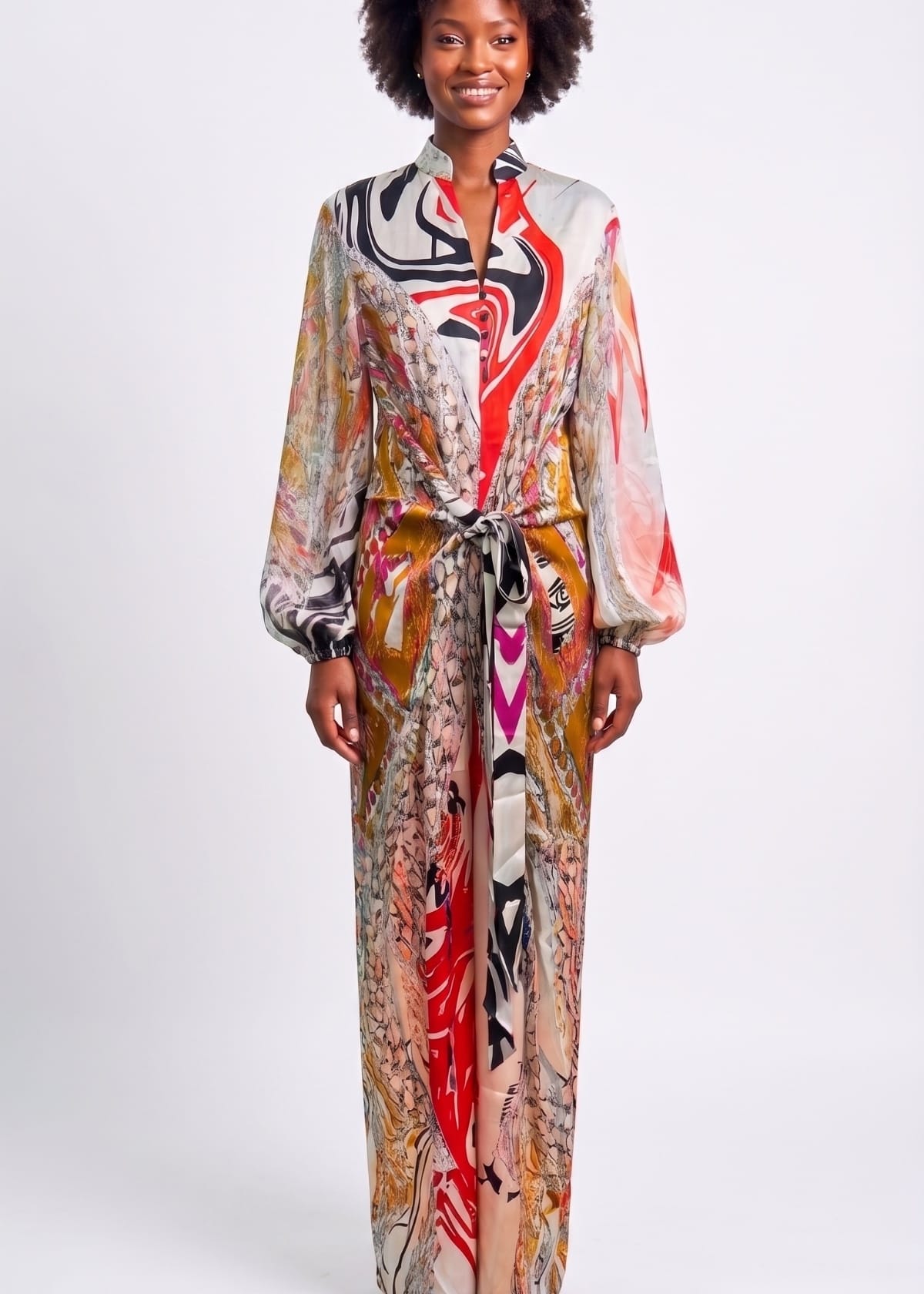 Eki Silk Dresses Red / 12 100% Mulberry Silk Wrap Tie Floor Length Dress: Heritage Print Maxi