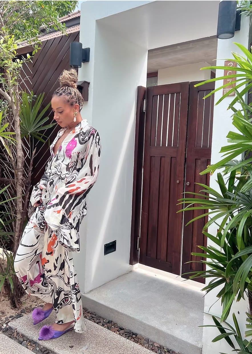 Eki Silk Trousers & Jeans African Dancers Print 100% Mulberry Silk Suit: Monochrome Palazzo Set - SALE