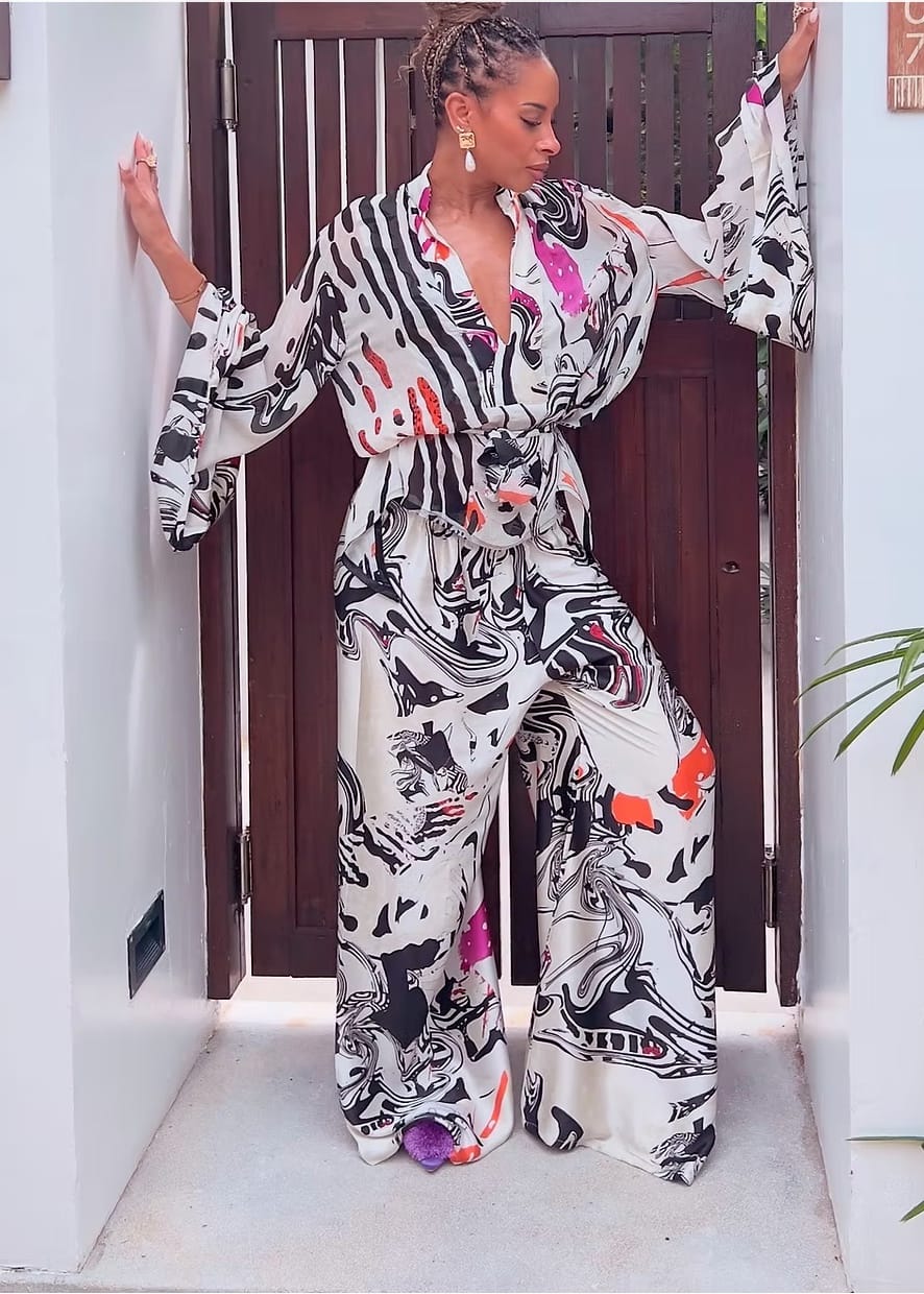 Eki Silk Trousers & Jeans African Dancers Print 100% Mulberry Silk Suit: Monochrome Palazzo Set - SALE