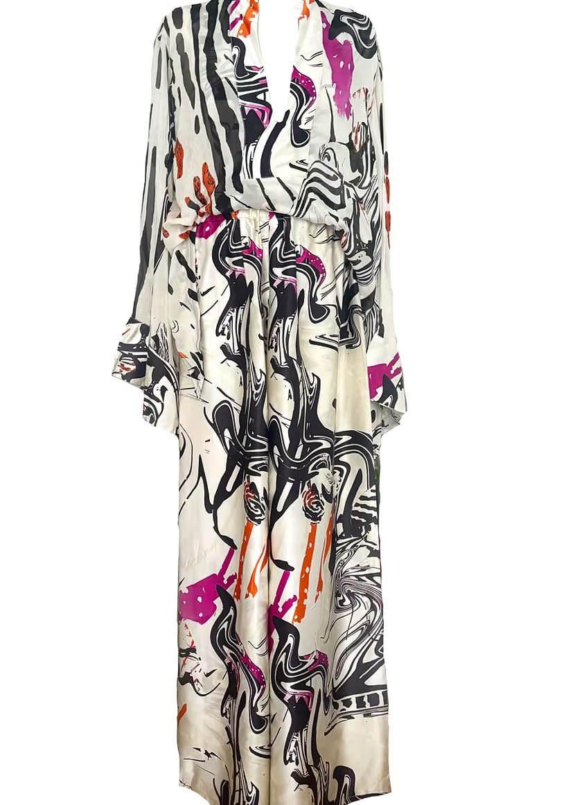 Eki Silk Trousers & Jeans African Dancers Print 100% Mulberry Silk Suit: Monochrome Palazzo Set - SALE