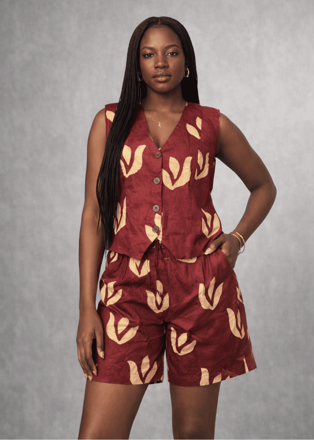 Gozi Fego Co-Ord Set Burgundy / 8 GH Short and Vest Cotton Set