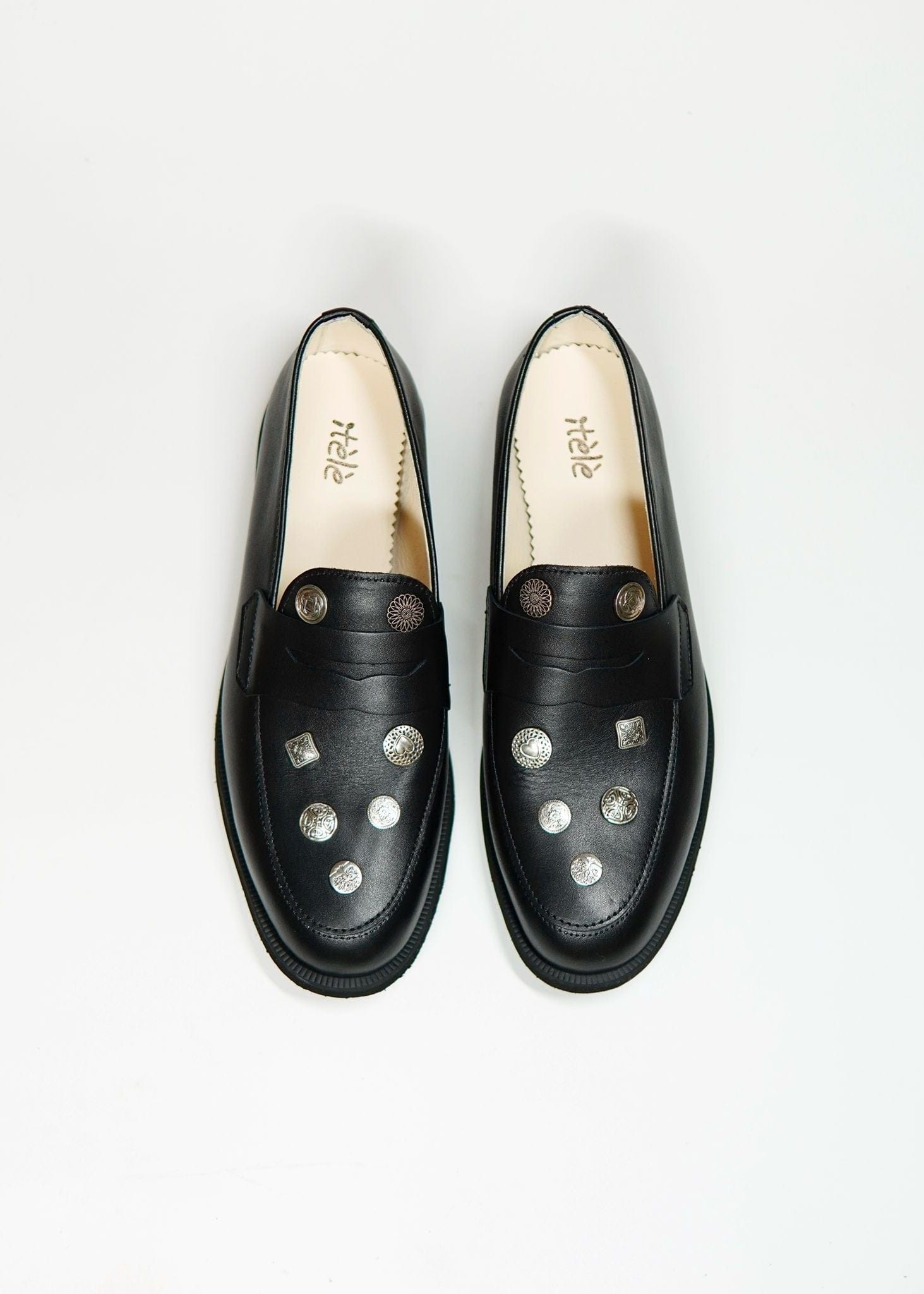 Itele Footwear Black Buttons Black Penny Loafers