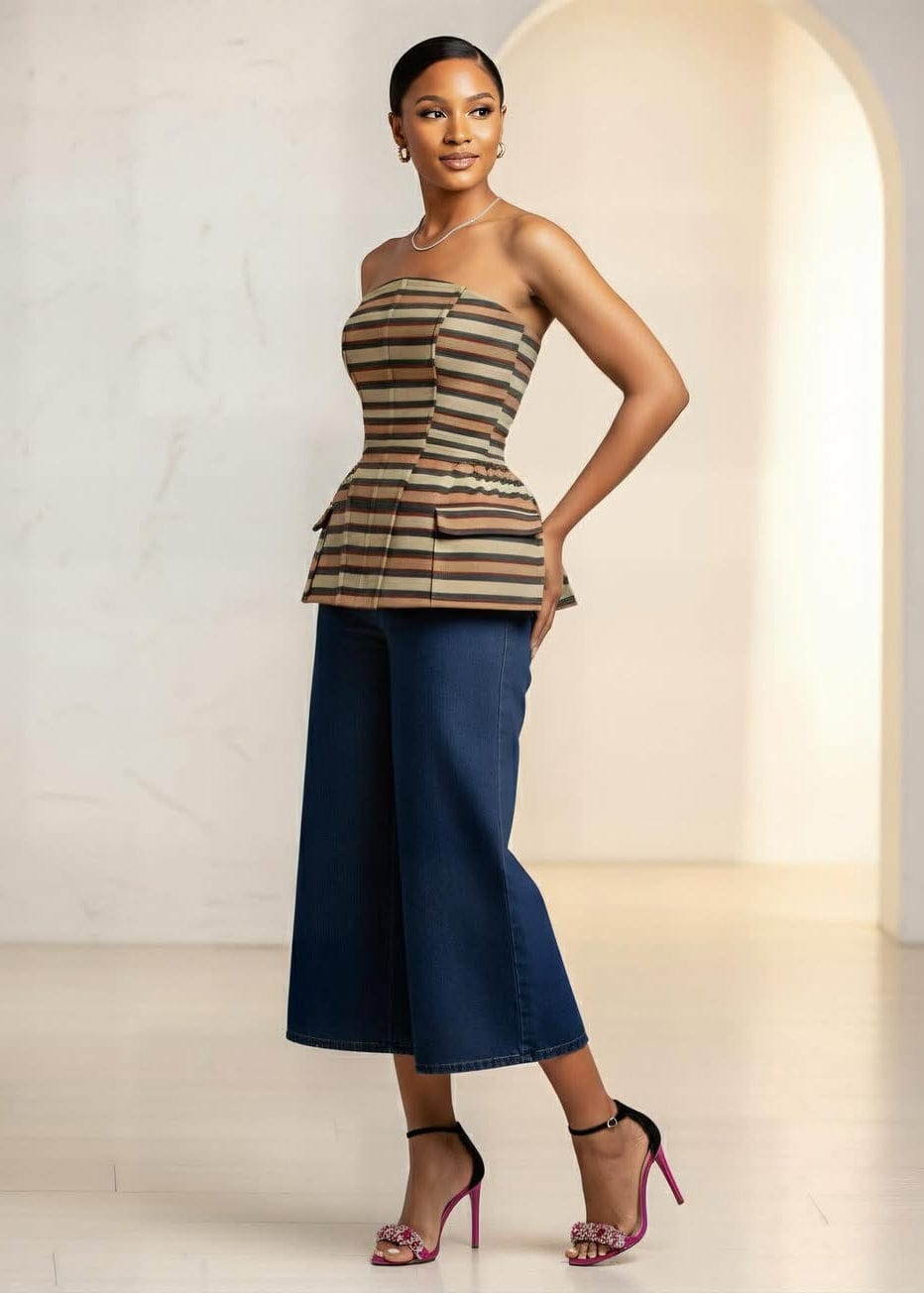 Analise Structured Aso Oke Corset Top - Blue, Black, Tan, Green - Tops - African Fashion by KÀAYA