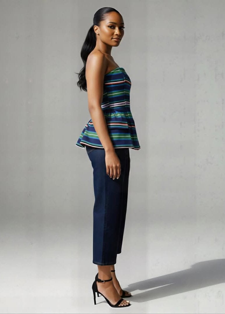Analise Structured Aso Oke Corset Top - Blue, Black, Tan, Green - Tops - African Fashion by KÀAYA