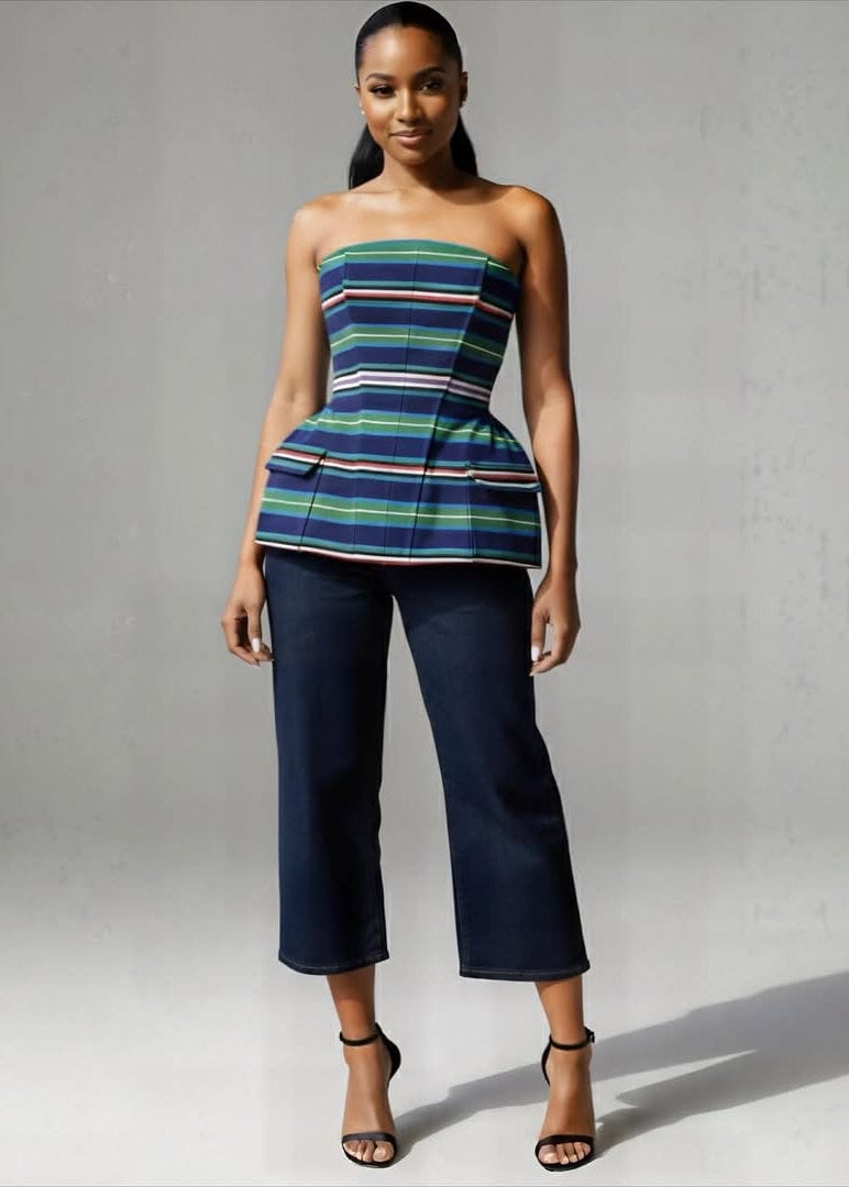 Analise Structured Aso Oke Corset Top - Blue, Black, Tan, Green - Tops - African Fashion by KÀAYA
