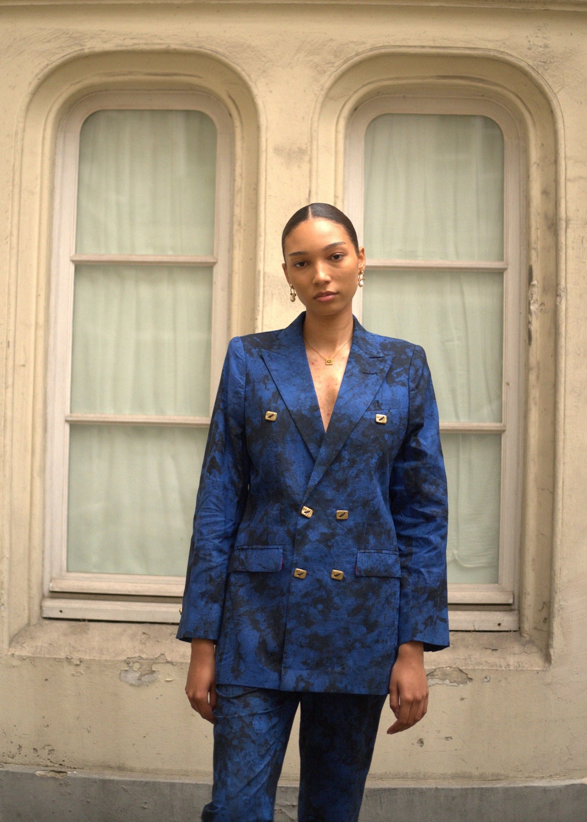 Bisa Double-Breasted Suit Jacket - Blue - Blue, Dyed Adire, Black - Cotton - Suits - African Fashion by Kente Gentlemen