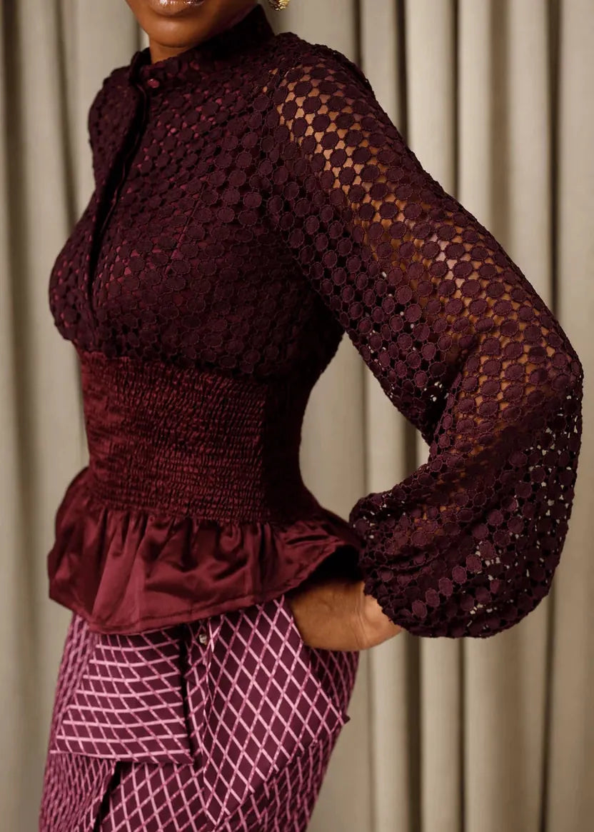 Kwelaku Blouse Kwelaku Lace Smocked Peplum Blouse in Plum