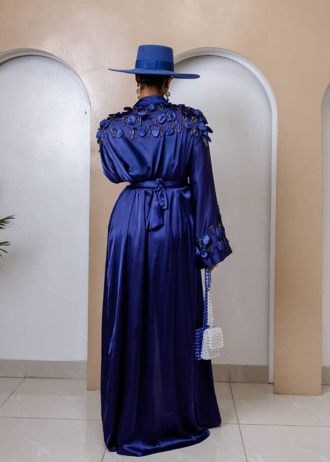 Mian Fego Kimono Nocturne robe available in black and sapphire blue