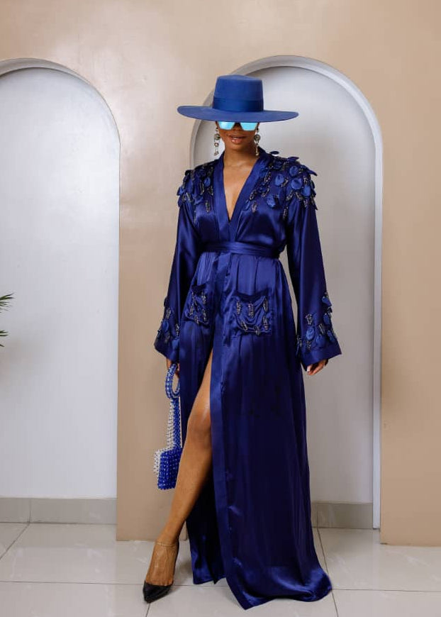 Mian Fego Kimono Nocturne robe available in black and sapphire blue