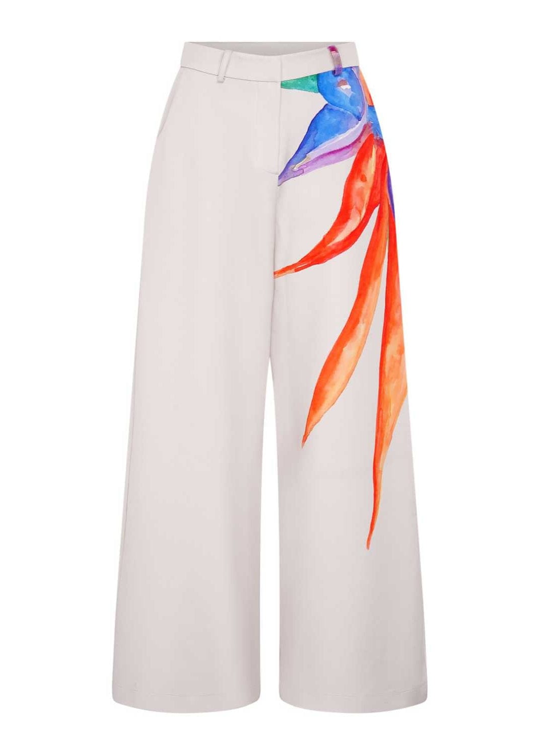 Bird of Paradise Print Trousers - Beige, White - Polyester - Pants - African Fashion by NALÈ