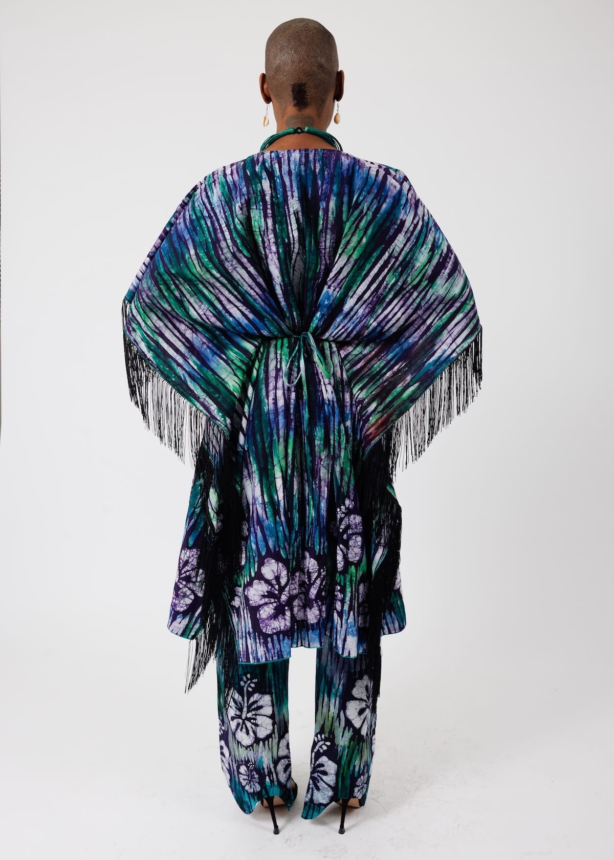 Nyny Ryke Bubus & Kaftans Daria, V-Neck Turquoise Fringed Batik Kaftan Dress