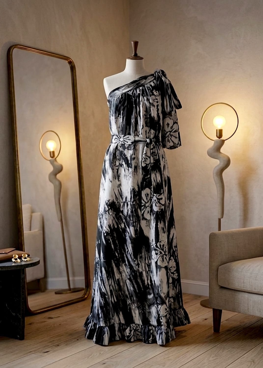 Nyny Ryke Dresses M-L / Black Wilma, One-Shoulder Maxi Black-White Floral Batik Dress