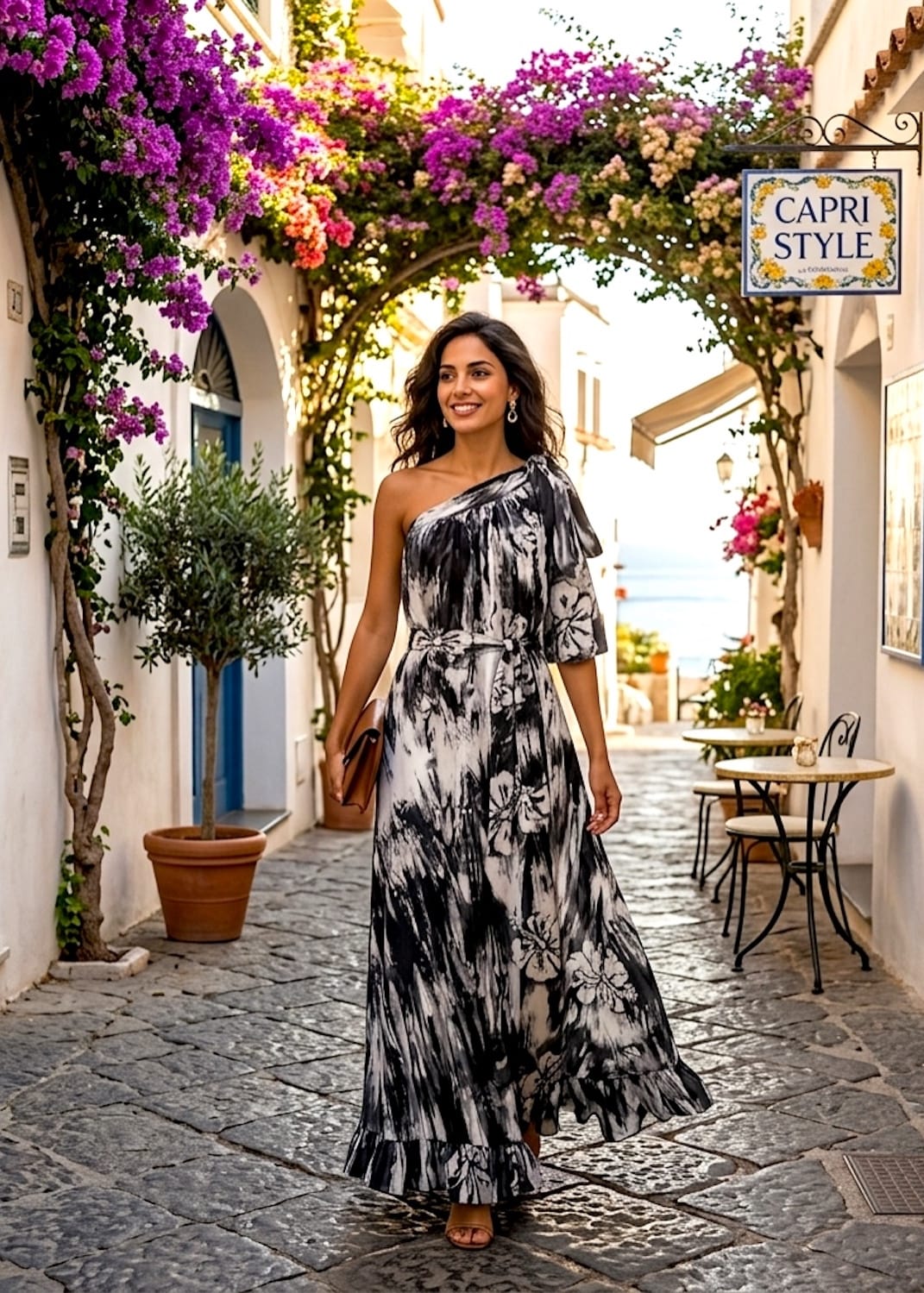 Nyny Ryke Dresses M-L / Black Wilma, One-Shoulder Maxi Black-White Floral Batik Dress