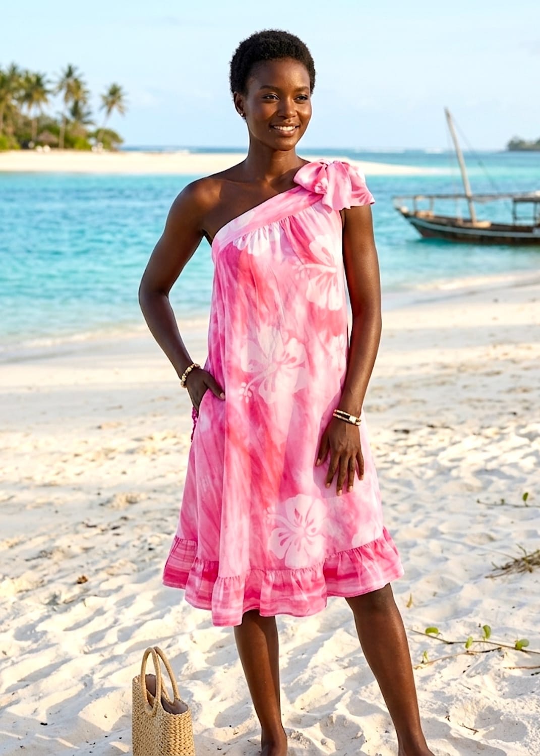 Nyny Ryke Dresses S-M / Pink Wilma SH, One-Shoulder Pink Floral Batik Dress