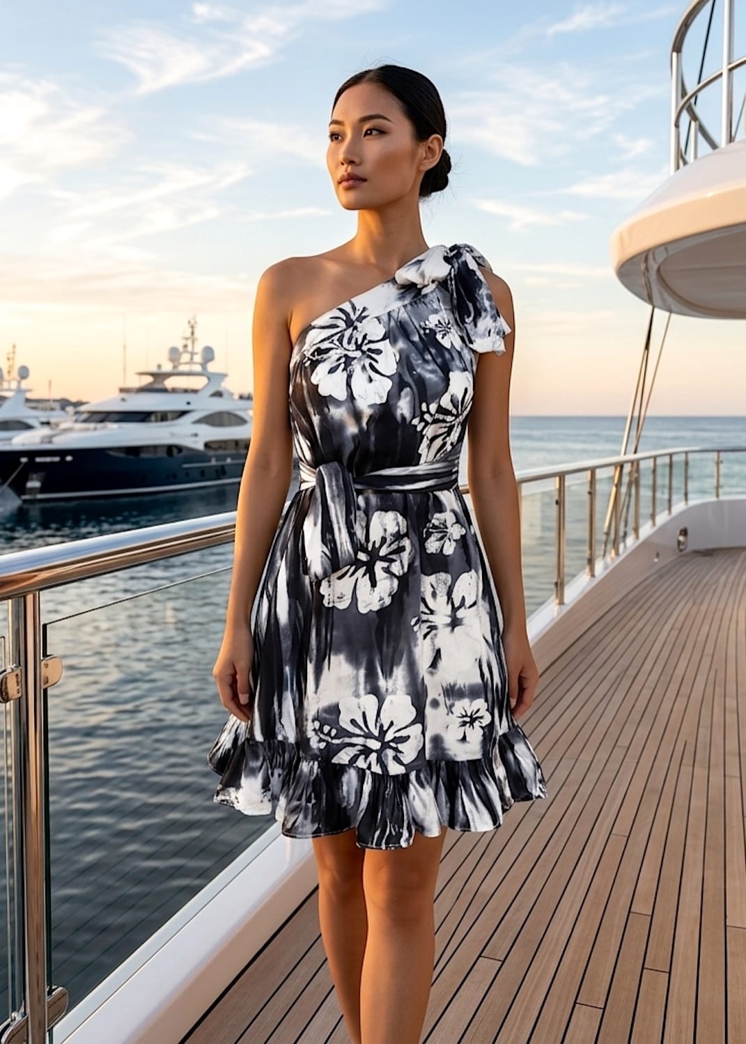 Wilma, One-Shoulder Batik Midi Dress Black & White Floral