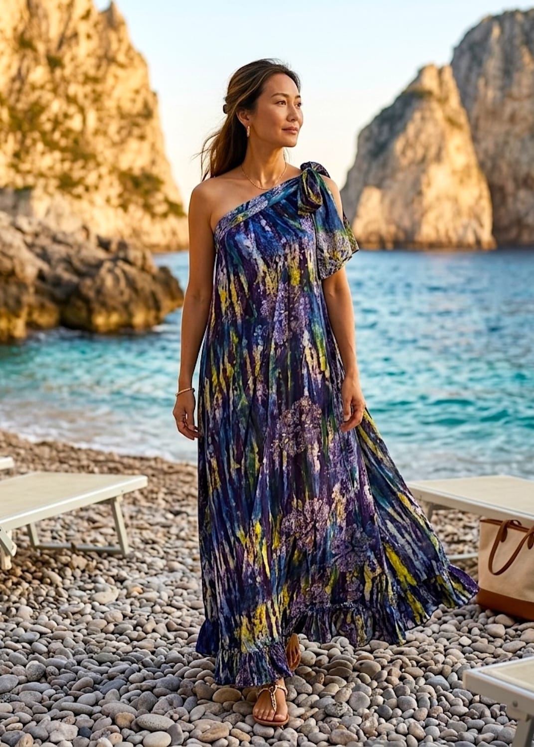 Nyny Ryke Dresses Wilma, One-Shoulder Maxi Green Floral Batik Dress