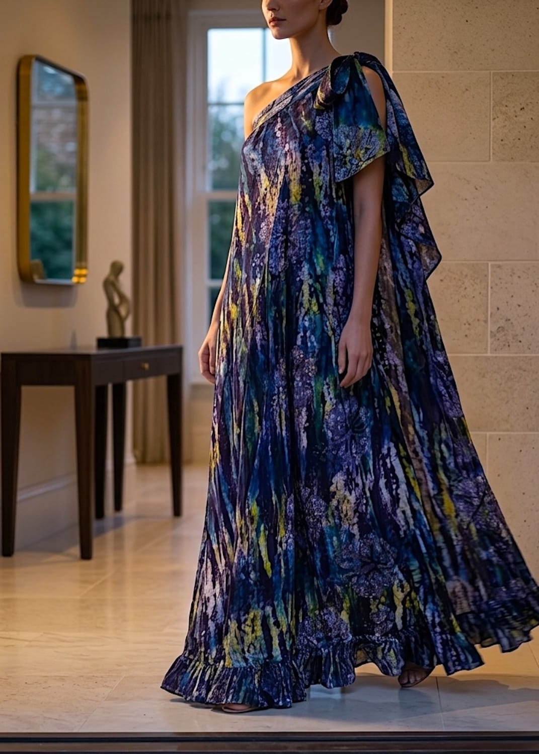 Nyny Ryke Dresses Wilma, One-Shoulder Maxi Green Floral Batik Dress