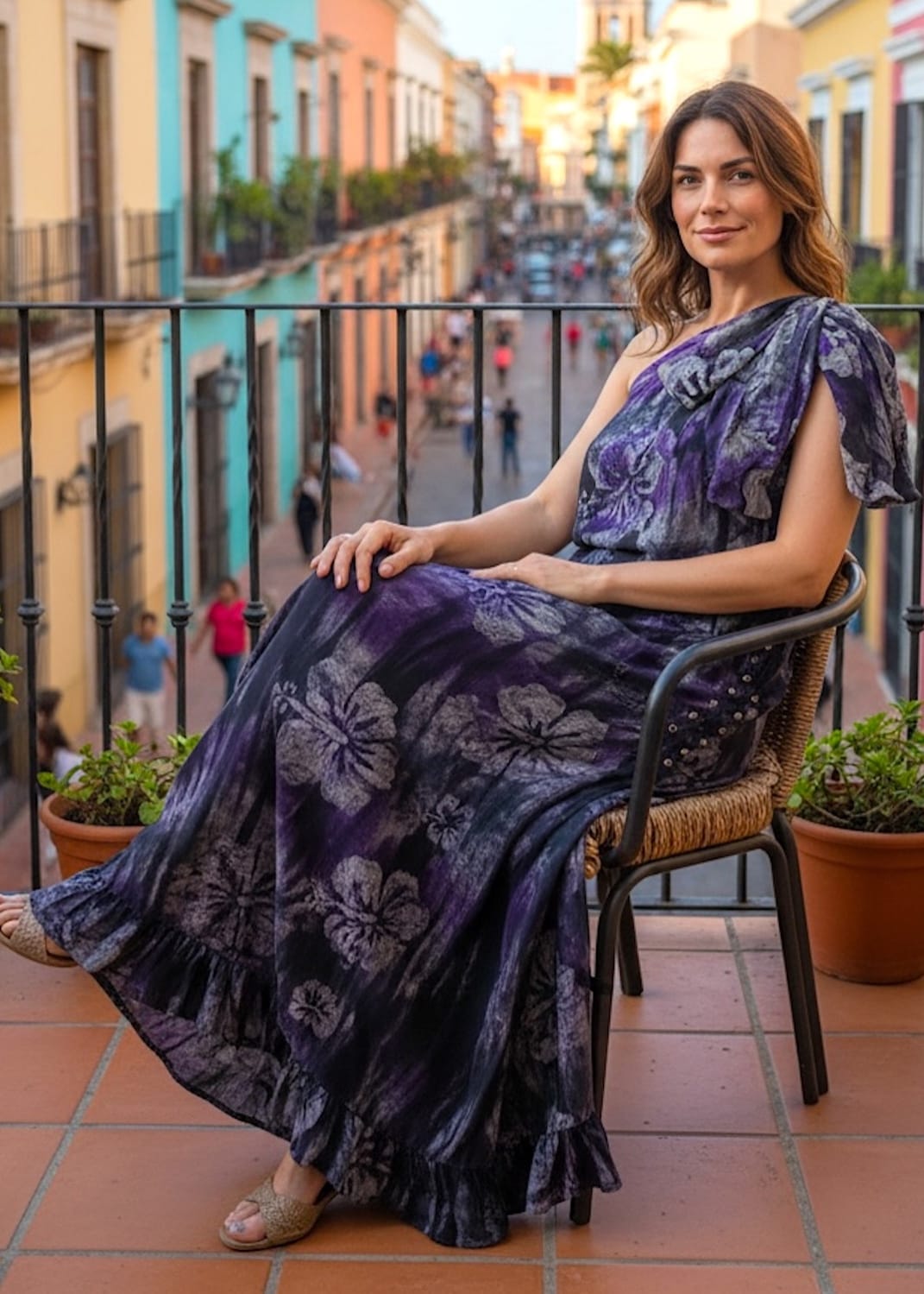 Nyny Ryke Dresses Wilma, One-Shoulder Maxi Purple Floral Batik Dress