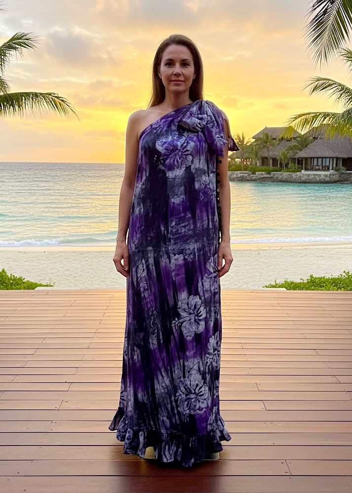 Nyny Ryke Dresses Wilma, One-Shoulder Maxi Purple Floral Batik Dress