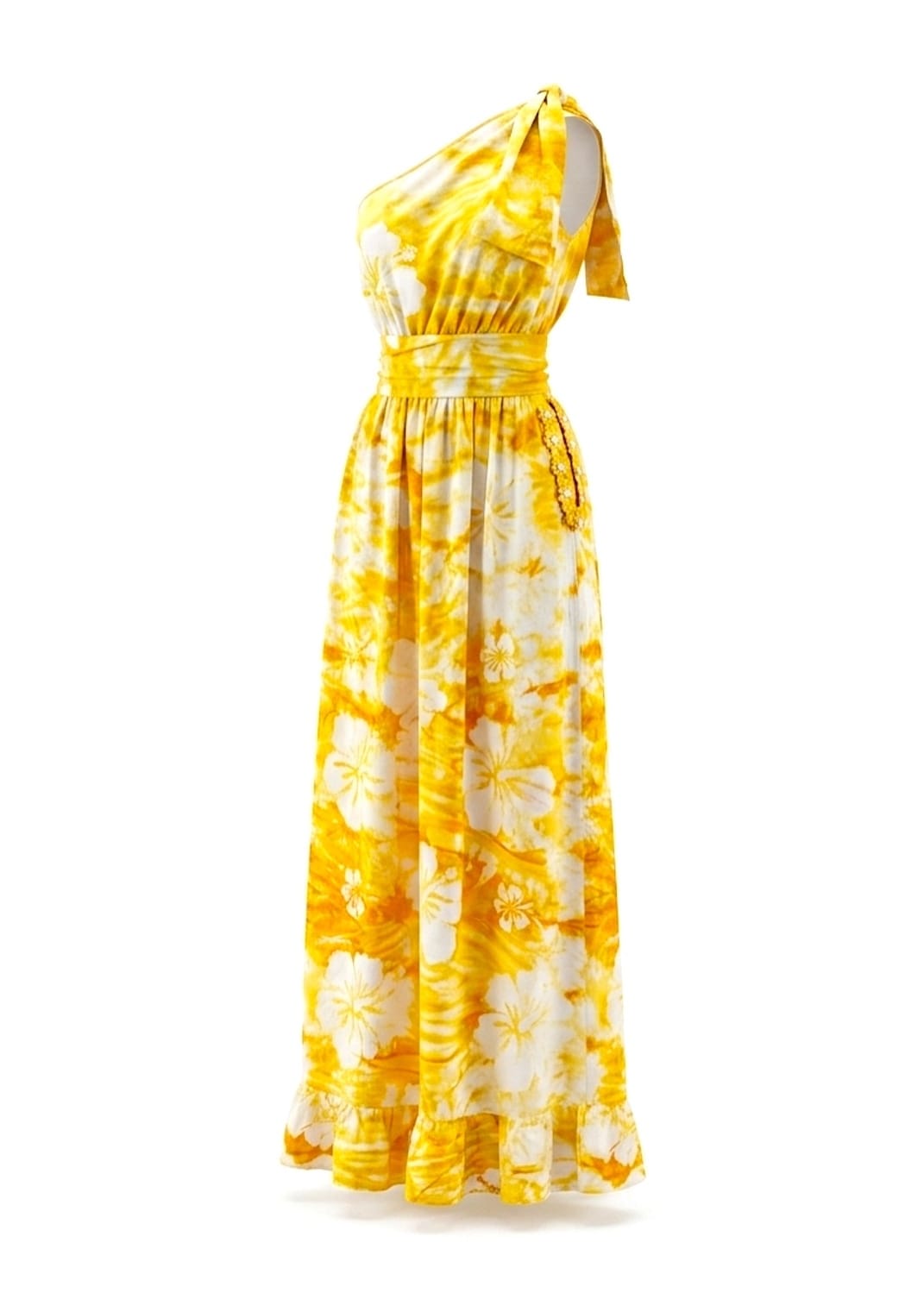 Nyny Ryke Dresses Wilma, One-Shoulder Maxi Yellow Floral Batik Dress