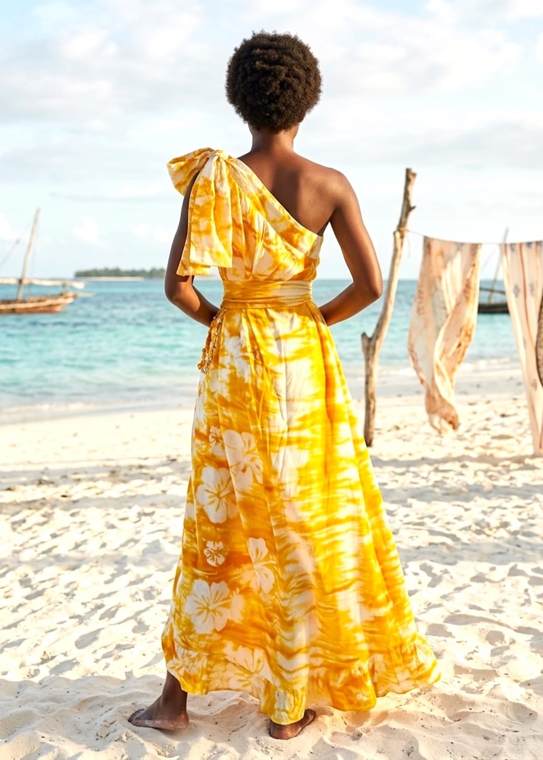 Nyny Ryke Dresses Wilma, One-Shoulder Maxi Yellow Floral Batik Dress