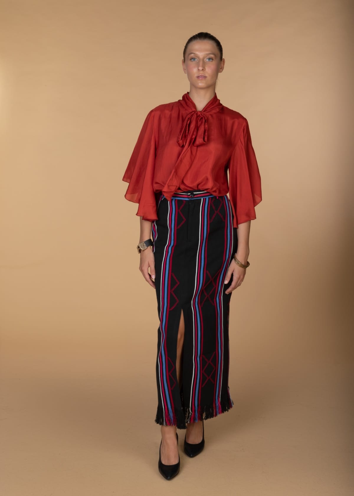 Nyny Ryke Skirts Amina, Black Pencil Skirt With Fringes And Front Slit