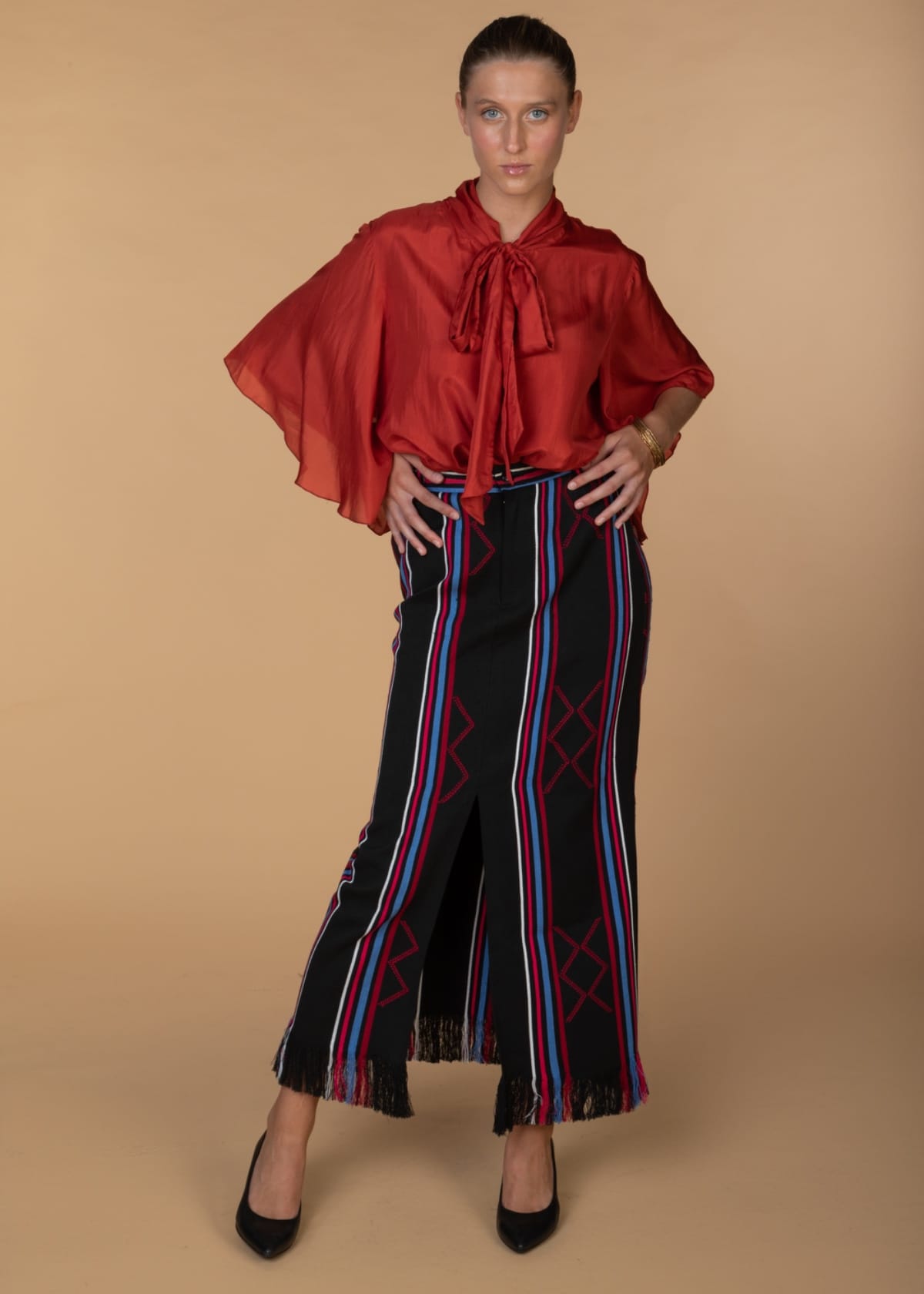 Nyny Ryke Skirts Amina, Black Pencil Skirt With Fringes And Front Slit