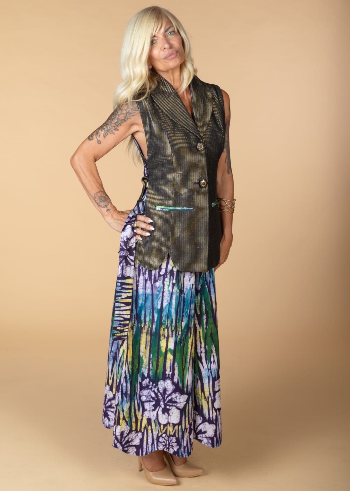 Nyny Ryke Trousers & Jeans FRIDA SH, Turquoise floral Batik Palazzo Trousers