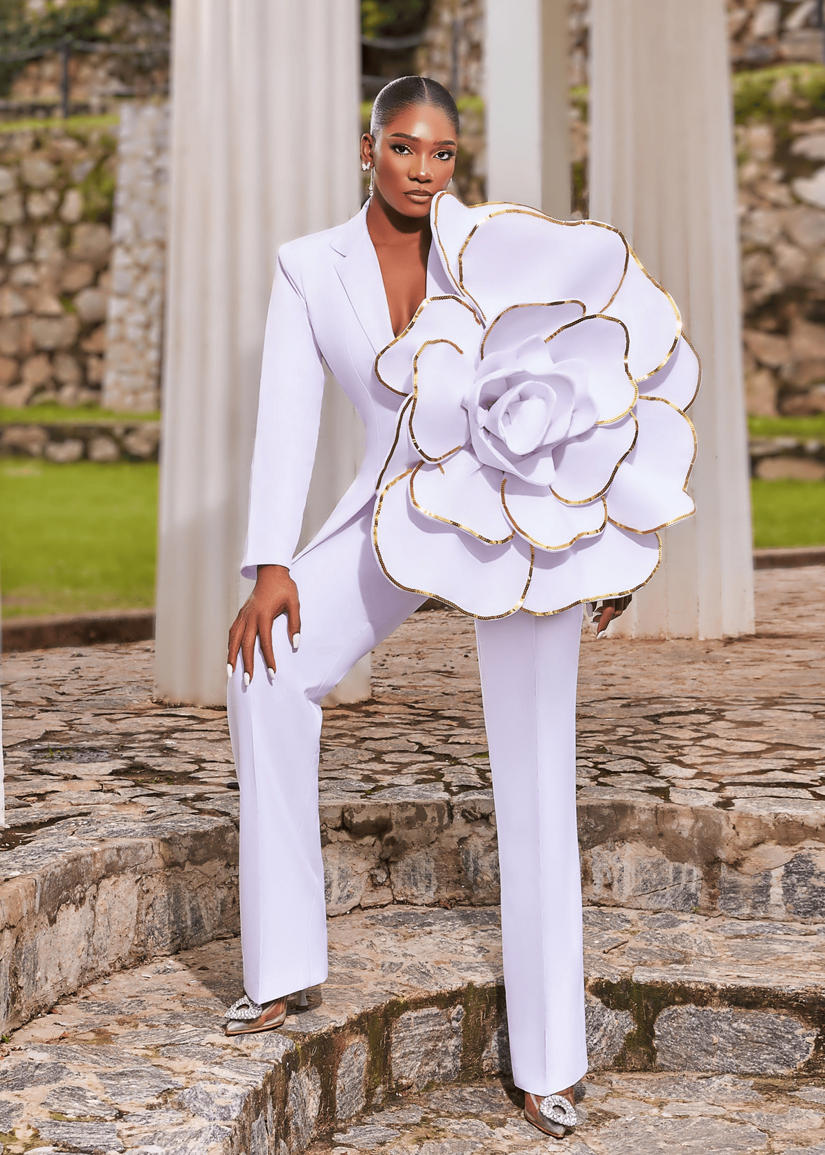 The White Petal Suit - White, Red, Ivory White - Crepe - Suits - African Fashion by O'MAAN