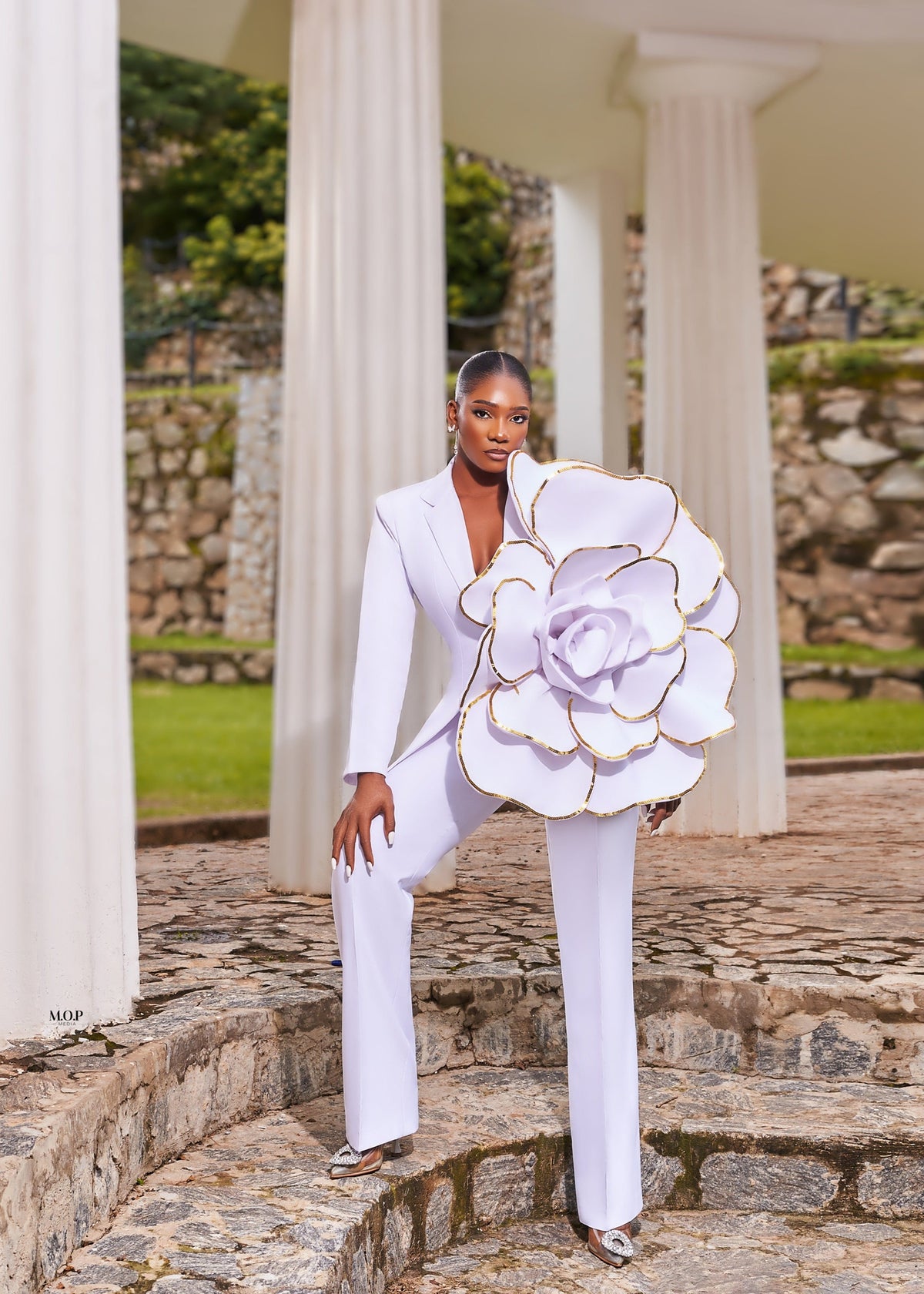The White Petal Suit - White, Red, Ivory White - Crepe - Suits - African Fashion by O'MAAN