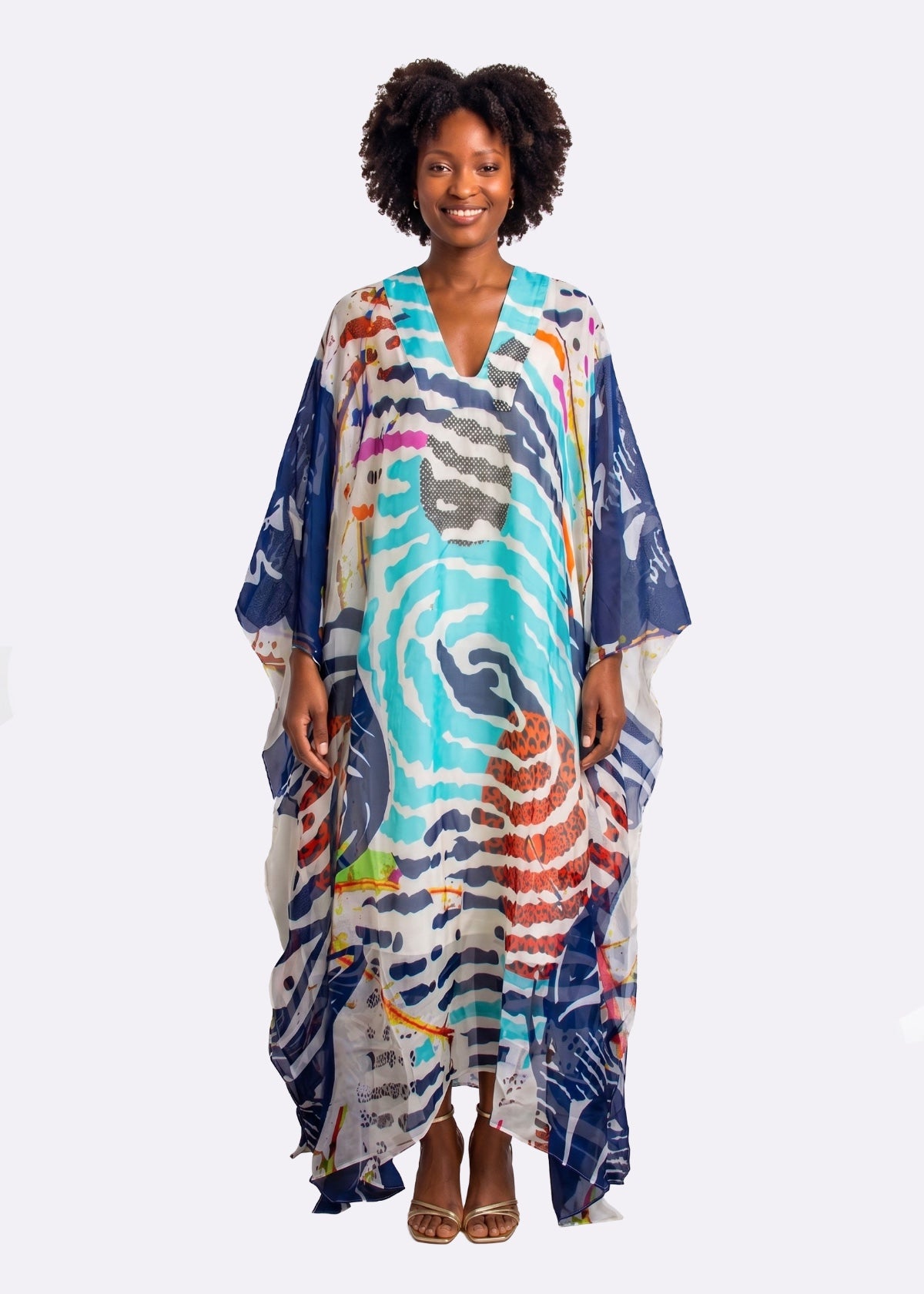 Turquoise Blue 100% Mulberry Silk Kaftan: Sustainable Resort Loungewear 1