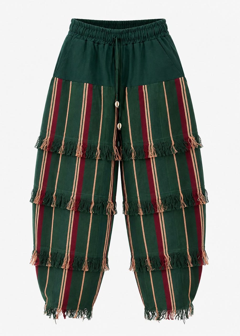 Trax Apparel Pants Green Wide-leg Aso Oke Fringe Barrel Pant