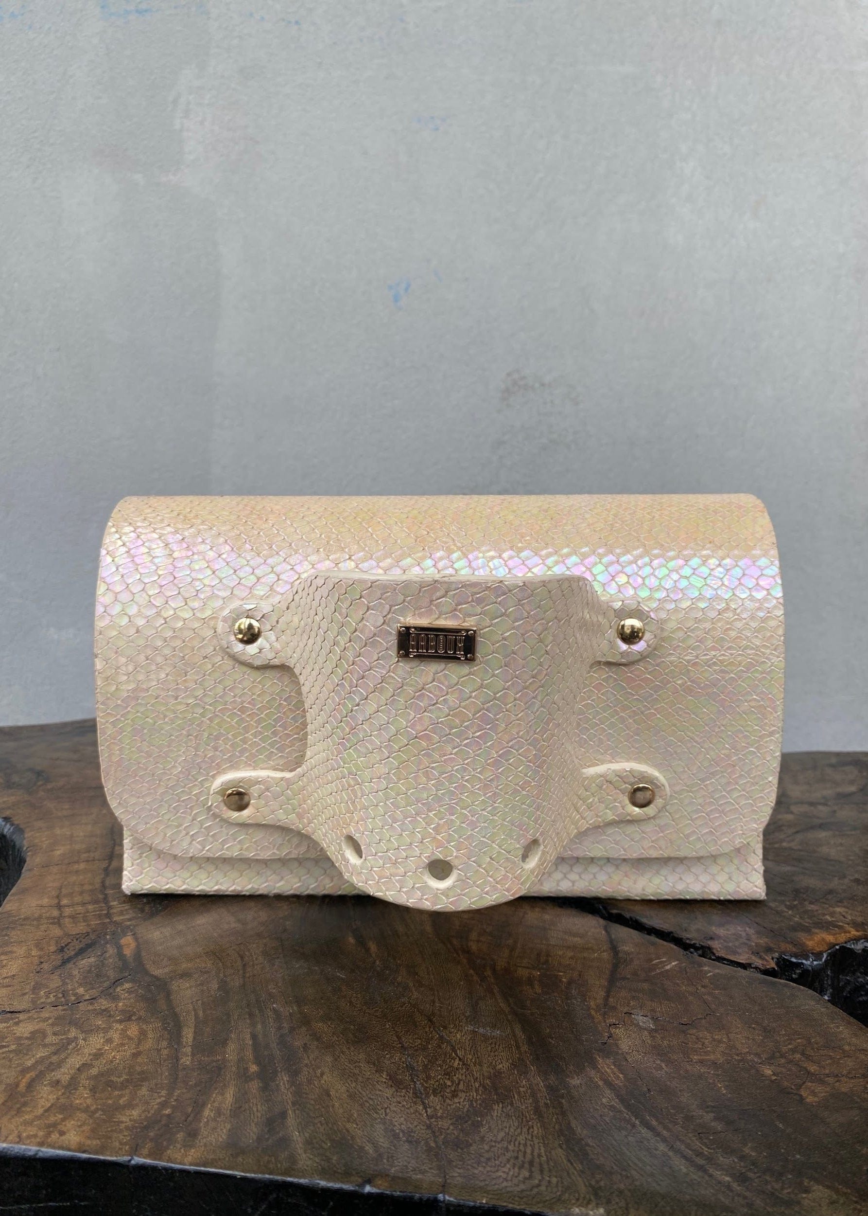 Aaboux Beige Jaré Mother of Pearl Snake Print Leather