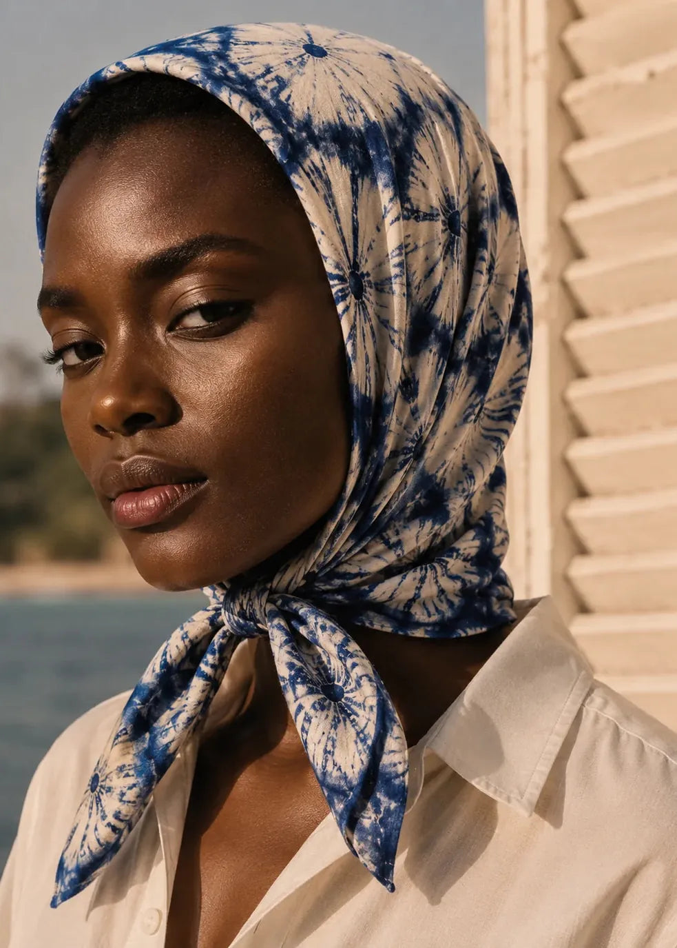 Adire Lounge Scarf Blue Indigo Moon — Shibori Circle Print Bandana Scarf
