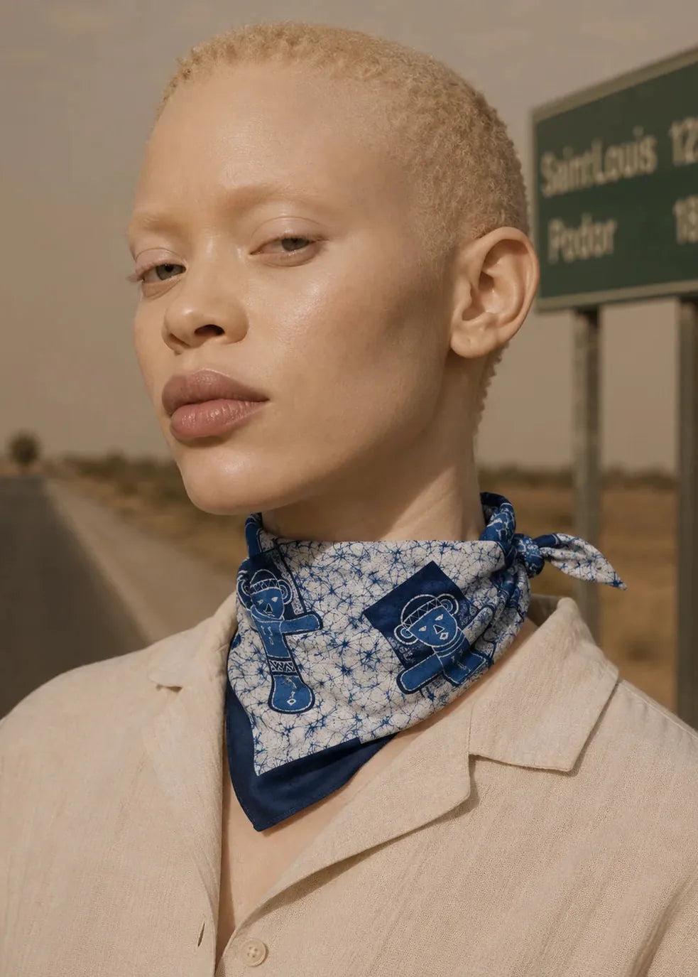 Adire Lounge Scarf Blue Jade Spirit — Green Mosaic Face Print Bandana Scarf