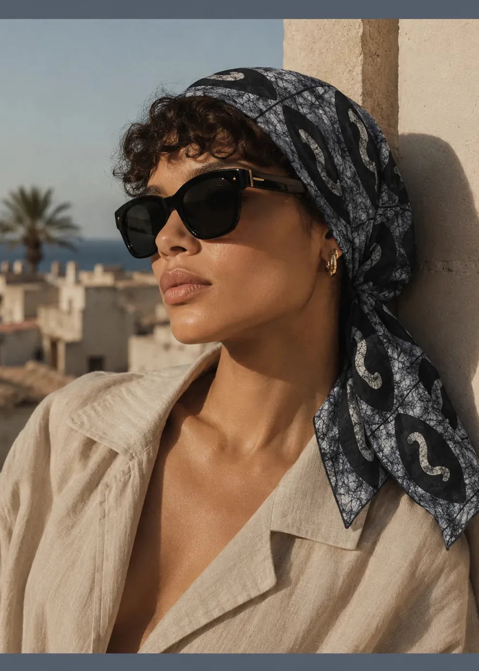 Adire Lounge Scarf Gray Shadow Wave — Grey Eye Wave Print Bandana Scarf