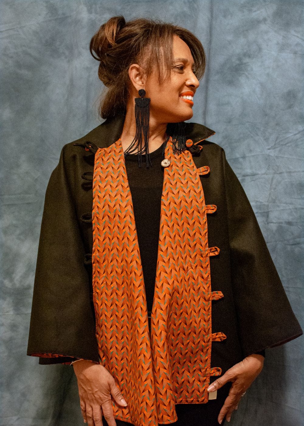 Bola Nangabe Women's Coat One size Reversible Khawa Cape - Black and Orange