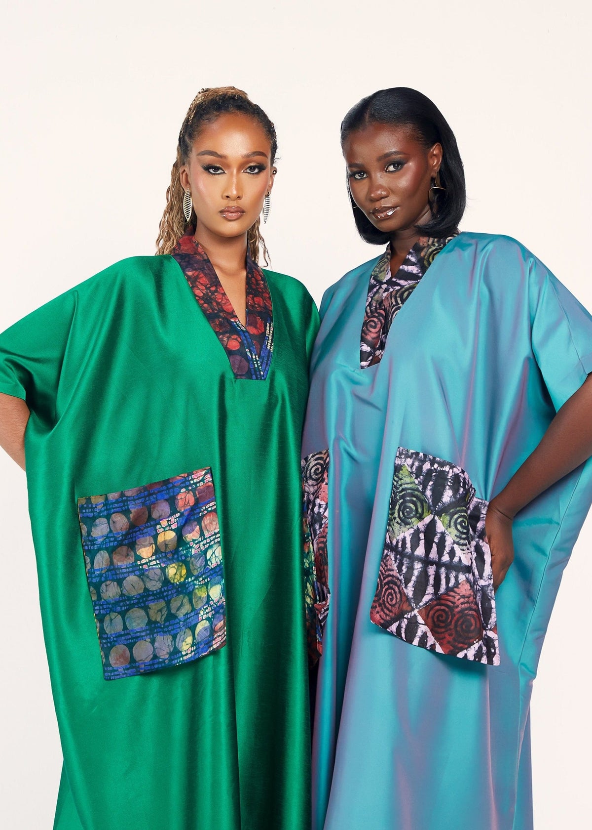 V-neck Irma Bubu with Oversized Adire Pockets - Green, Blue - African Fashion by Ehi Woman