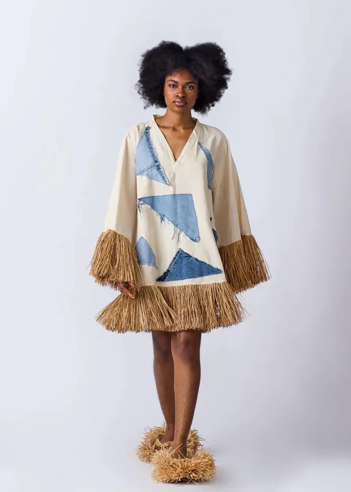 Eki Kere Dress Raffia Doll Patch Blue Jean