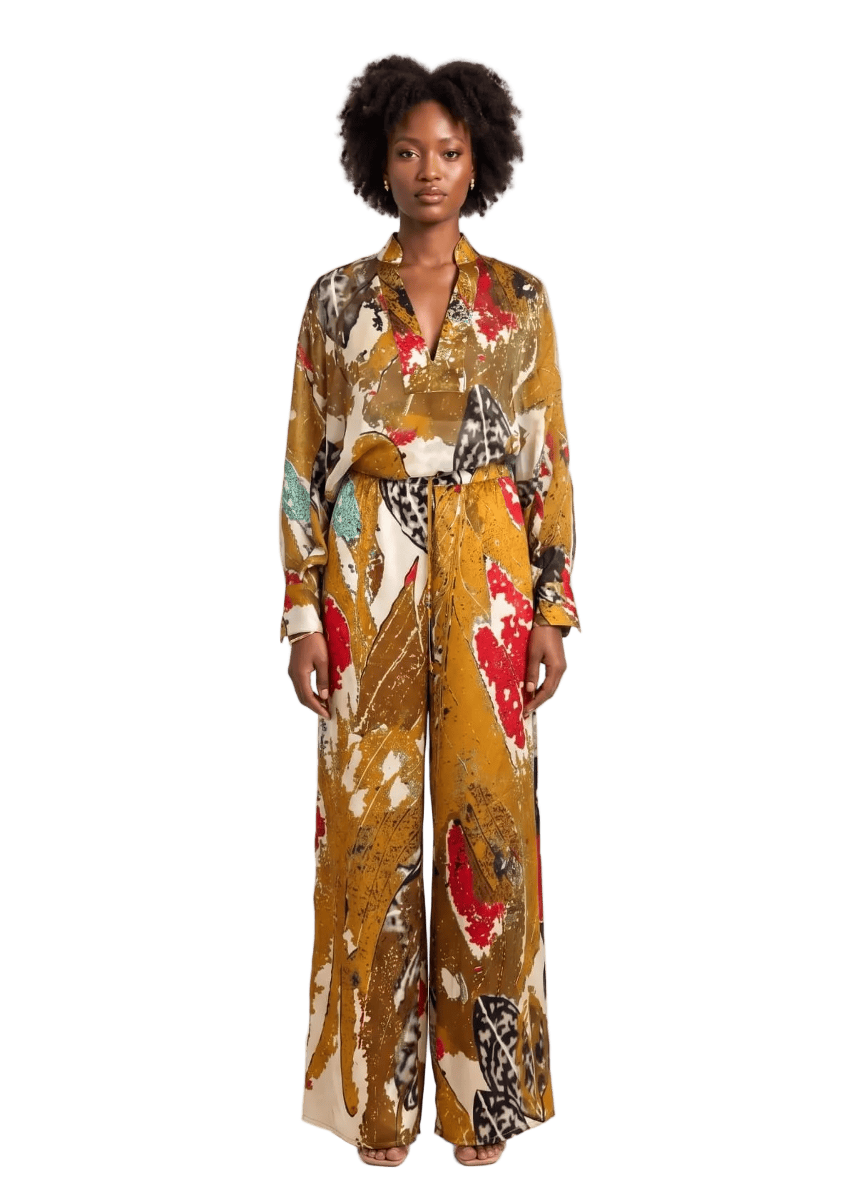 Eki Silk Co-Ord Set 10 / Gold 100% Mulberry Silk African Print Luxury Two-Piece Pant set